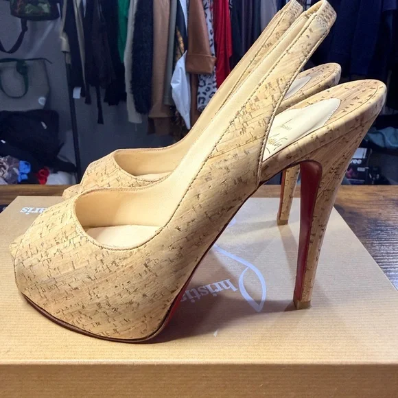 Christian Louboutin Peep-Toe Slingbacks So Private 120 All Cork 35.5/36 - Picture 11 of 16